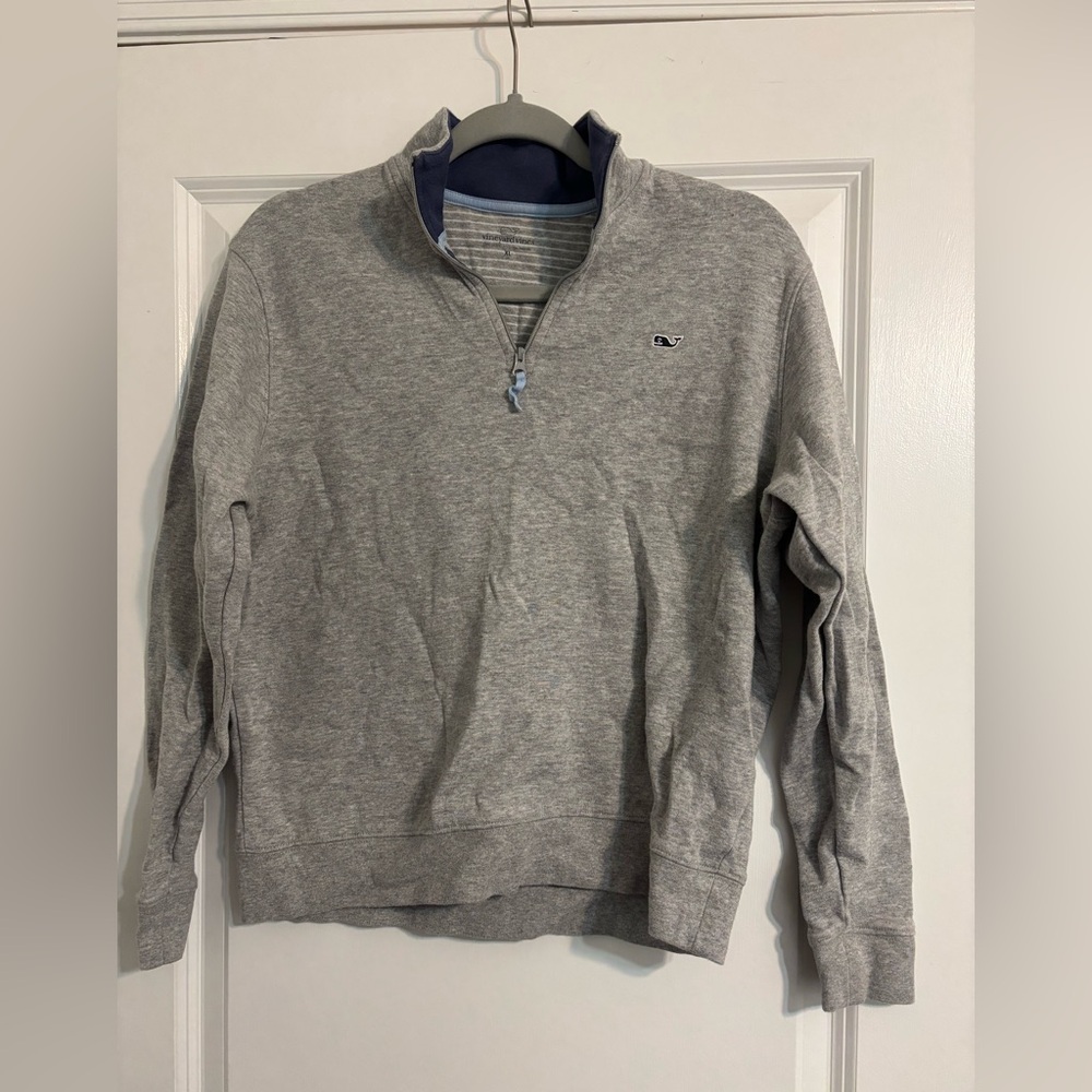 Vineyard Vines Gray Quarter-Zip Pullover Sweater with Navy Trim